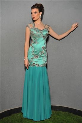 שמלת ערב: שמלת שני חלקים, שמלת וינטאז', שמלת משי, שמלה בצבע טורקיז - סלון סבינה